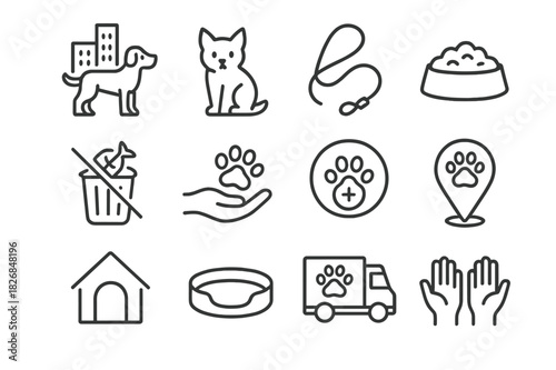 Urban Animal Icons. Urban animal care. Line icon set of urban animal care: city dog, alley cat, leash icon, public pet bowl, trash food icon, hand with paw,