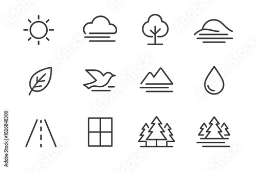 Morning Fog Icons. Morning fog. Line icon set of morning fog: sun, cloud, mist lines, tree, hill, leaf, bird, mountain, droplet, road, window, forest. All