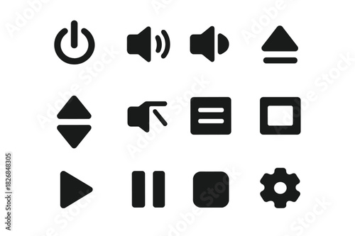 TV Control Icons. TV control. Solid icon set of TV control: power, volume up, volume down, channel up, channel down, mute, menu, input source, play, pause,