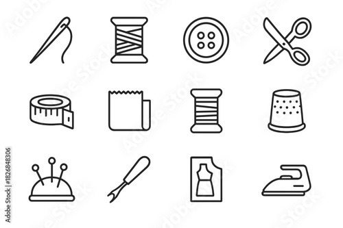Sewing Icon Set. Sewing essentials. Line icon set of sewing essentials: needle, thread, button, scissors, tape measure, fabric, spool, thimble, pin cushion,