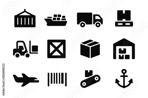 Cargo Icons Collection. Cargo. Solid icon set of Cargo: shipping container, cargo ship, truck, pallet, forklift, crate, box, warehouse, cargo plane, barcode,