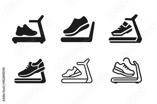 Treadmill Workout Logos. Treadmill workout. Icon set. Set Logo of treadmill workout: sneakers on treadmill belt. harmonious logo variations of the same