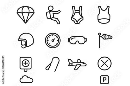 Parachute Icon Set. Parachute. Line icon set of Parachute: parachute canopy, skydiver, harness, helmet, altimeter, goggles, reserve chute, ripcord, wind sock,