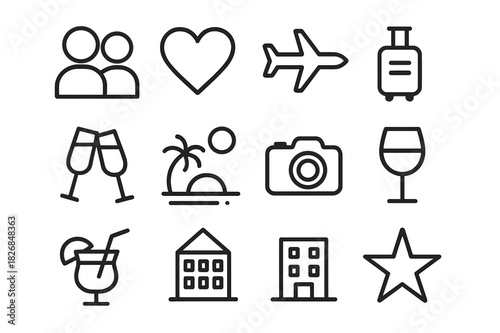 Romantic Travel Icons. Travel romance. Line icon set of travel romance: couple, heart, airplane, luggage, champagne, sunset, beach, camera, wine glass,