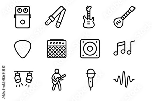 Guitar Solo Icons. Guitar Solo Illustration. Line icon set of Guitar Solo Illustration: sound wave, electric guitar, guitar neck, guitar pick, amplifier,