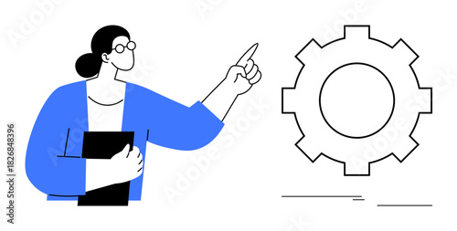Person holding document while gesturing towards a large gear symbol, representing planning and development. Ideal for teamwork, goals, management, education, problem-solving, productivity