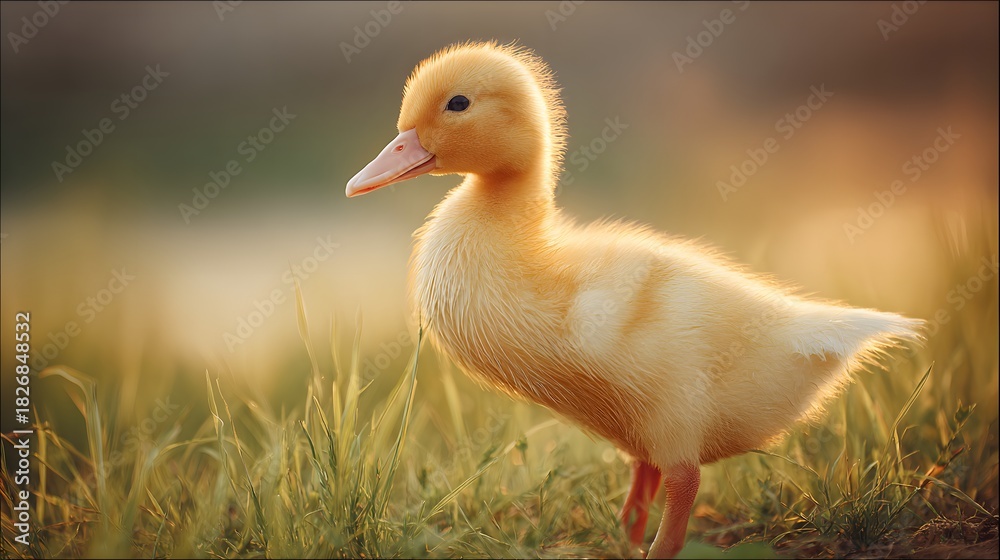 Fototapeta premium Small yellow fowl stands alertly among sunlit blades of grass