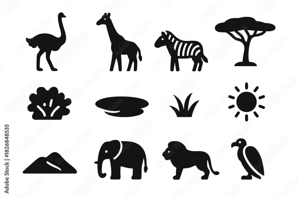Naklejka premium Savanna Icon Set. Savanna landscape. Solid icon set of Savanna landscape: ostrich, giraffe, zebra, tree, bush, waterhole, grass, sun, sand dune, elephant,