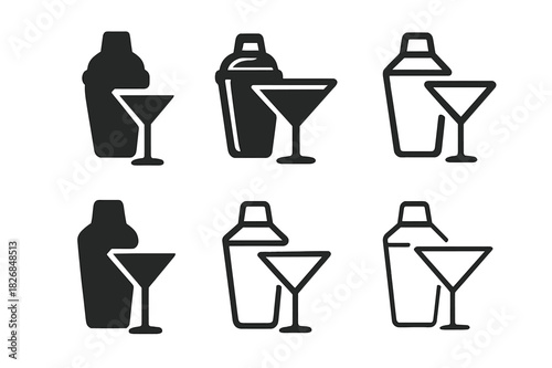 Home Bar Icons. Home bar and entertainment area design. Icon set. Set Logo of home bar and entertainment area design: Cocktail shaker and glass. harmonious