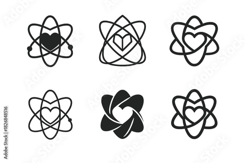 Serendipity Logo Variations. The science of serendipity. Icon set. Set Logo of serendipity: orbiting atoms and heart. harmonious logo variations of the same