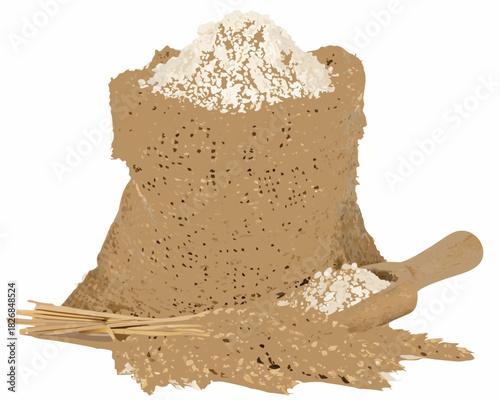 Burlap sack overflowing with coarse flour and a wooden scoop