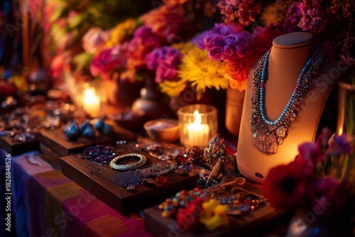 Colorful Jewelry Display at a Vibrant Market During Evening Hours With Floral...