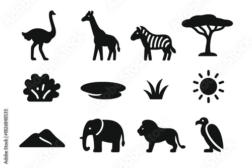 Savanna Icon Set. Savanna landscape. Solid icon set of Savanna landscape: ostrich, giraffe, zebra, tree, bush, waterhole, grass, sun, sand dune, elephant,