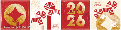 chinese new year 2026, year of the horse. vector abstract square posters set with symbols fiery horse, asian lanterns, chinese cloud, red background, fireworks in modern illustration