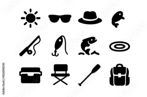 Summer Fishing Icons. Summer fishing. Solid icon set of Summer fishing: sun, sunglasses, straw hat, fishing pole, lure, tackle, fish jumping, water ripple,