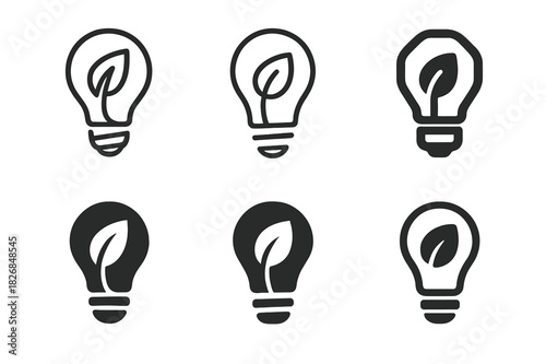 Eco-friendly Logo Set. Eco-friendly mindset. Icon set. Set Logo of eco-friendly mindset: lightbulb with leaf inside. harmonious logo variations of the same