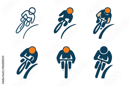 Cyclist Logo Variations. Person on bicycle. Icon set. Set Logo of person on bicycle: cyclist pedaling forward with dynamic motion lines. harmonious logo