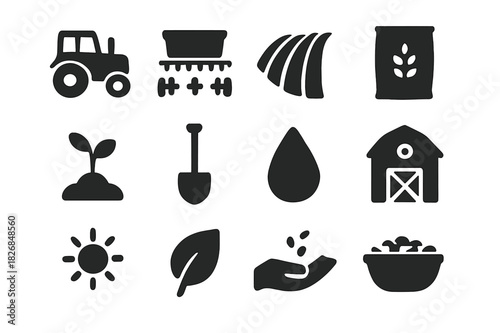 Agricultural Icon Set. Agricultural Sowing. Solid icon set of Agricultural Sowing: tractor, seed drill, plowed field, grain bag, plant sprout, shovel, water