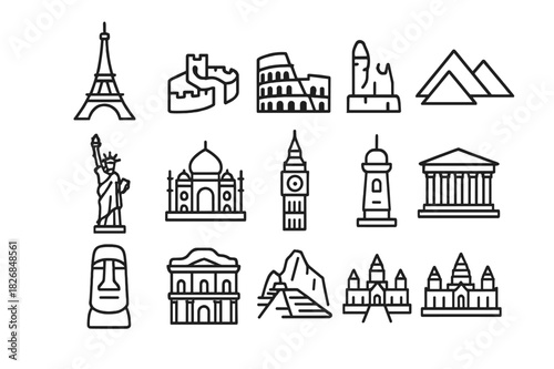 World Monuments Line Art. World monuments. Line icon set of world monuments: Eiffel Tower, Great Wall, Colosseum, Pyramids, Statue of Liberty, Taj Mahal, Big