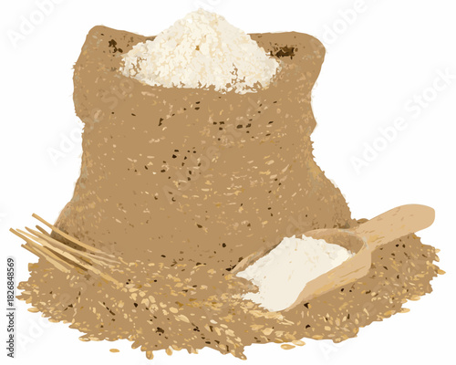 Burlap sack overflowing with flour and wheat grains with a wooden scoop