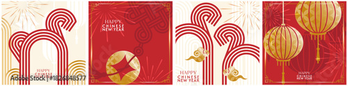 chinese new year 2026, year of the horse. vector abstract square posters set with symbols fiery horse, asian lanterns, chinese cloud, red background in modern illustration