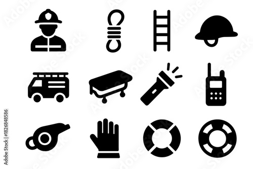 Rescue Operation Icons. Rescue operation. Solid icon set of rescue operation: firefighter, rope, ladder, safety helmet, fire truck, stretcher, flashlight,