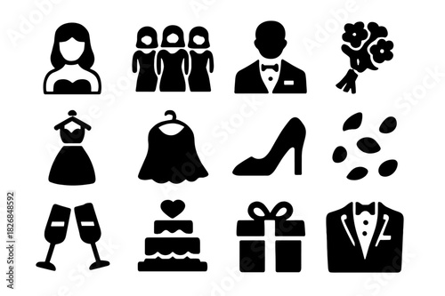 Pre-Wedding Icon Set. Pre-wedding scene. Solid icon set of Pre-wedding scene: bride, bridesmaids, groom, bouquet, wedding dress, veil, shoes, flower petals,