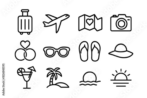 Couples Travel Icons. Couples travel. Line icon set of couples travel: suitcase, airplane, map, camera, heart, rings, sunglasses, flip flops, hat, cocktail,
