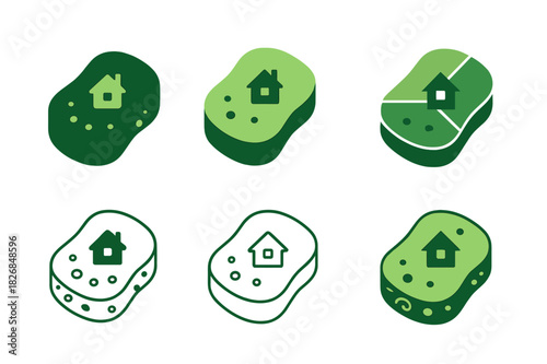 Eco Home Logo Set. Sustainable home products. Icon set. Set Logo of eco home item: biodegradable sponge. harmonious logo variations of the same emblematic