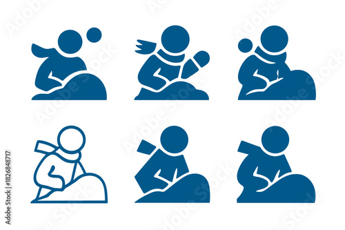 Snowball Fight Icons. Snowball fight. Icon set. Set Logo of snowball fight: winter goggles and beanie ready for play. harmonious logo variations of the same