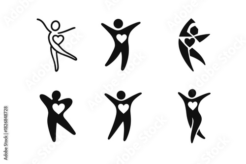 Dance Therapy Logos. dance therapy and emotional healing. Icon set. Set Logo of dance therapy and emotional healing: dancing silhouette with heart. harmonious