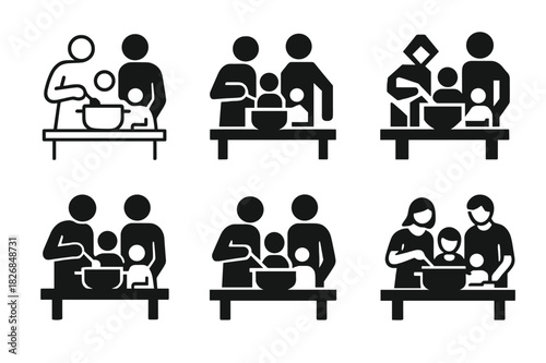 Family Cooking Logos. cooking together as a family. Icon set. Set Logo of cooking together as a family: family around kitchen table. harmonious logo variations