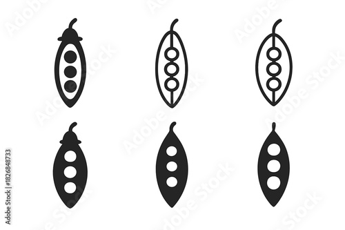 Pea Logo Variations. Pea. Icon set. Set Logo of Pea: Single pea pod. harmonious logo variations of the same emblematic concept (Minimal outline, Filled