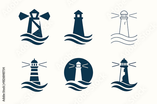 Lighthouse Logo Variations. Oceans. Icon set. Set Logo of Oceans: Lighthouse. harmonious logo variations of the same emblematic concept, each with different