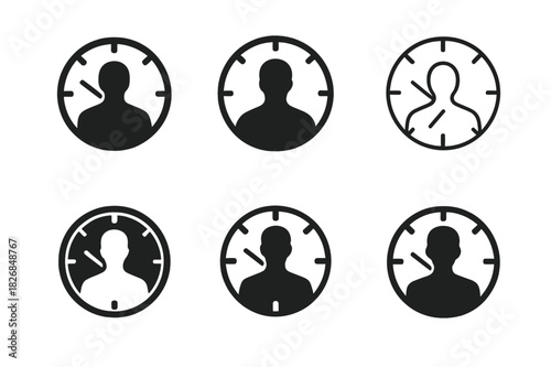 Time Dilation Icons. Time dilation and human perception. Icon set. Set Logo of time dilation and human perception: Person inside circular clock