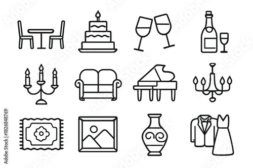 Family Celebration Icons. Family Celebration. Line icon set of Family Celebration: dining table, cake, wine glasses, champagne bottle, candelabra, sofa set,