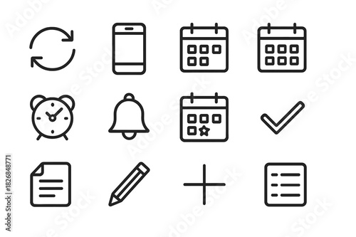 Digital Scheduler Icons. Digital Scheduler Icons. Line icon set of Digital Scheduler Icons: sync icon, smartphone, calendar app, date selection, alarm clock,