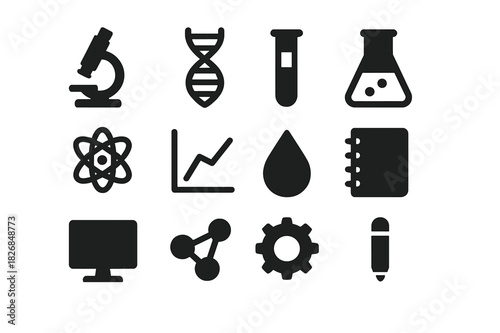 Science Research Icons. Science research. Solid icon set of science research: microscope, DNA strand, test tube, flask, atom, graph, droplet, notebook,