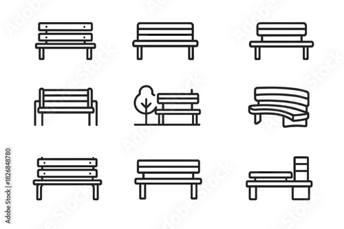 Public Bench Icons. Public benches. Line icon set of public benches: wooden slats, metal frame, bench with backrest, armless bench, double seat bench, round