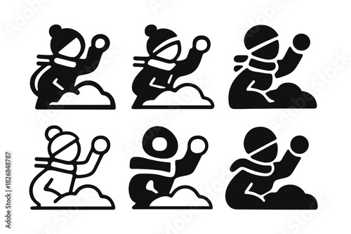 Snowball Fight Icons. Snowball fight. Icon set. Set Logo of snowball fight: winter goggles and beanie ready for play. harmonious logo variations of the same