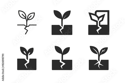 Regeneration Logo Set. regeneration. Icon set. Set Logo of regeneration: sprouting plant from broken ground. harmonious logo variations of the same emblematic