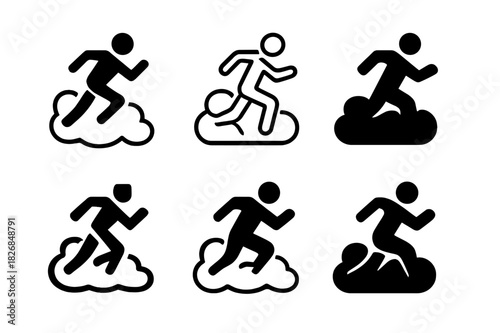 Running Through Smoke Logos. running through smoke. Icon set. Set Logo of running through smoke: athlete in motion. harmonious logo variations of the same