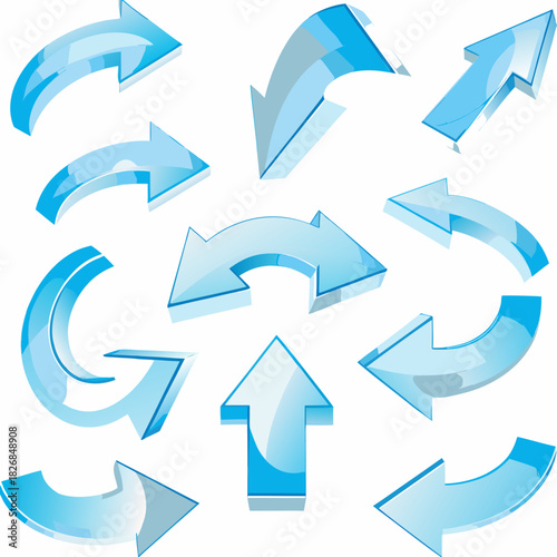 Collection of 3d blue glass arrows pointing in different directions