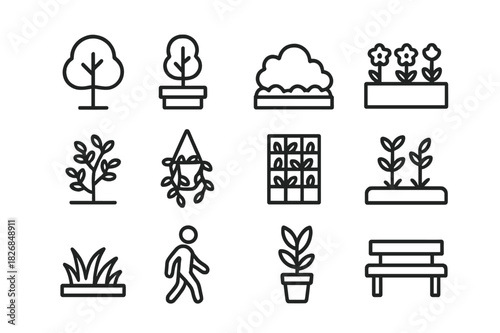 Urban Greenery Icons. Urban Greenery. Line icon set of Urban Greenery: tree, planter, bush, flower bed, shrub, hanging plant, vertical garden, small garden,