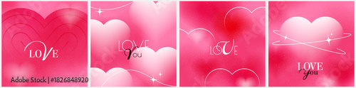 set valentine day gradient posters in minimal style. abstract modern design with blur heart shape. collection love soft grainy square card, vector pink background