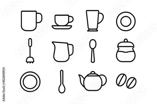Cafe Essentials Icons. Cafe essentials. Line icon set of Cafe essentials: coffee mug, espresso cup, latte glass, saucer, frother, milk jug, spoon, sugar jar,