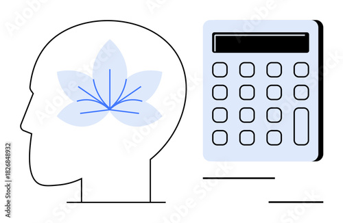 Human profile with a flower symbolizing creativity near a calculator for logic and problem-solving. Ideal for mental health, education, innovation, analytics, balance, decision-making, simple flat
