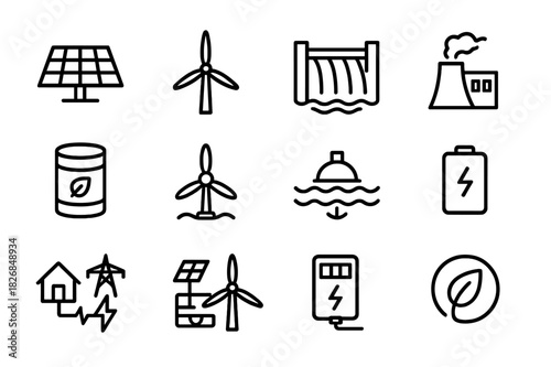 Renewable Energy Icons. Renewable energy sources. Line icon set of renewable energy sources: solar panel, wind turbine, hydroelectric dam, geothermal plant,