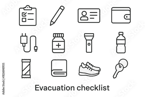 Evacuation Essentials Icons. Evacuation checklist. Line icon set of evacuation checklist: clipboard, pencil, ID card, wallet, phone charger, medicine bottle,