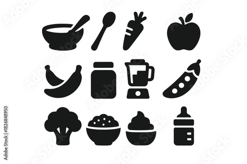 Healthy Baby Food Icons. Healthy baby food. Solid icon set of Healthy baby food: baby bowl, spoon, carrot, apple, banana, jar, blender, peas, broccoli,
